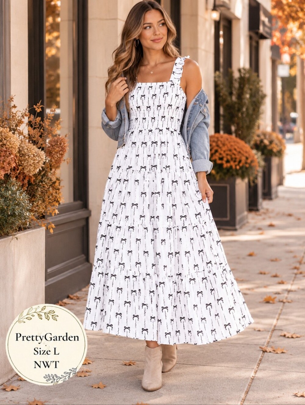 PrettyGarden NWT Bow Print Smocked Maxi Dress | Size Large - Picture 1 of 5